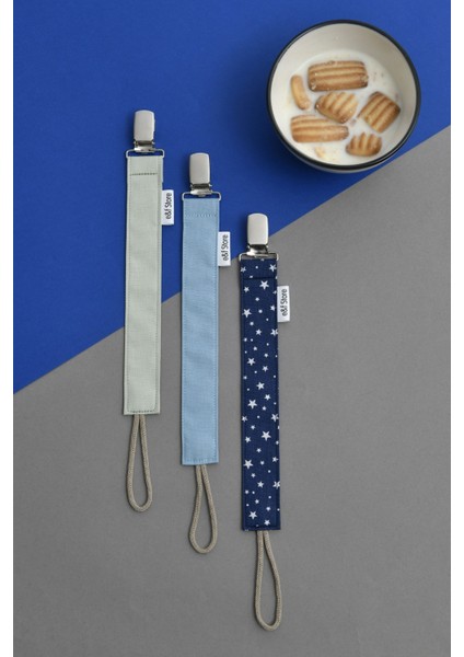 Mint Yeşili - Mavi - Lacivert Yıldızlı 3'lü Emzik Zinciri Seti - Emzik Tutacağı - Bebek Hediyesi