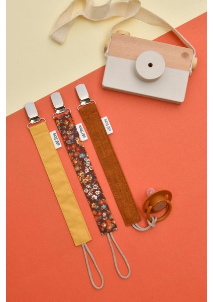 Kiremit Çiçekli Hardal Sarısı Emzik Askısı Seti - 3'lü Emzik Zinciri Seti - %100 Pamuk Kumaş