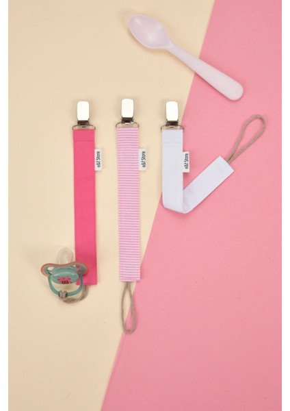 3'lü Emzik Askısı Seti - %100 Pamuk Kumaş - Fuşya Çizgili Beyaz - 3'lü Emzik Zinciri Seti