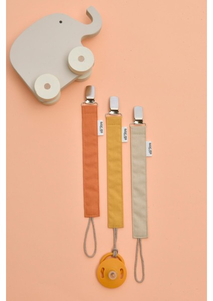 Bej Somon Hardal Sarısı Emzik Askısı Seti - 3'lü Emzik Zinciri Seti - %100 Pamuk Kumaş