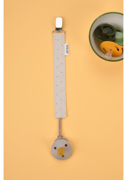 %100 Pamuk Kumaşlı Emzik Askısı / Emzik Zinciri - Puantiyeli Vizon