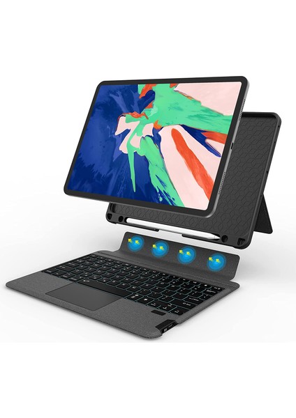 MTK Moveteck  Apple Ipad 10.nesil 2022 10.9 Inç Uyumlu Klavyeli Kılıf Bluetooth Manyetik Mag Touchpad Yatay ve Dikey Standlı Kalem Bölmeli Ledli Tablet Klavyeli