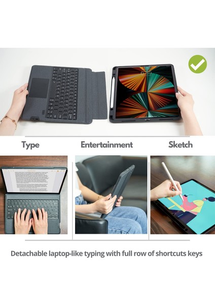 MTK Moveteck  Apple Ipad 10.nesil 2022 10.9 Inç Uyumlu Klavyeli Kılıf Bluetooth Manyetik Mag Touchpad Yatay ve Dikey Standlı Kalem Bölmeli Ledli Tablet Klavyeli