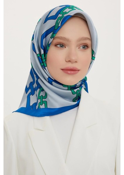 İpek Eşarp Twill Mavi Yeşil Zincir Detaylı