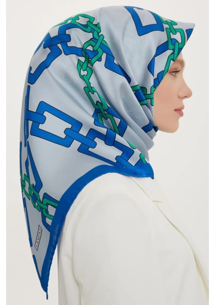 İpek Eşarp Twill Mavi Yeşil Zincir Detaylı modelleri