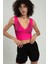 Fuşya Pembe Renkli Kadın Özel Sprey Boyamalı V Yakalı Spor Triko Atlet Büstiyer Crop Top Bluz SFYZ1013 1
