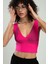 Fuşya Pembe Renkli Kadın Özel Sprey Boyamalı V Yakalı Spor Triko Atlet Büstiyer Crop Top Bluz SFYZ1013 2