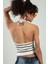 Beyaz Renkli Kadın Spor Boyundan Bağlamalı Straplez Çizğili Triko Atlet Büstiyer Crop Tap SFYZ1014 5