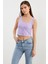 Askılı Düğme Detaylı Ribana Crop Tişört - Lila 3