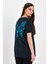 Butterfly Lacivert Kadın Oversize Geniş Kalıp Bisiklet Yaka Baskılı Kısa Kollu T-Shirt 4