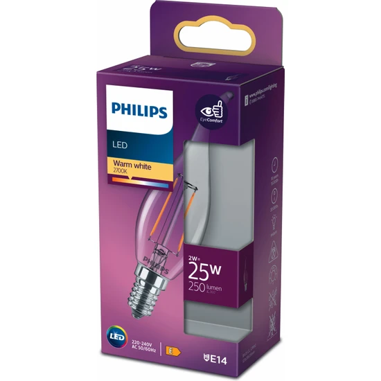 PHILIPS FILAMENT 25W E14 İNCE DUYLU MUM AMPUL SARI IŞIK