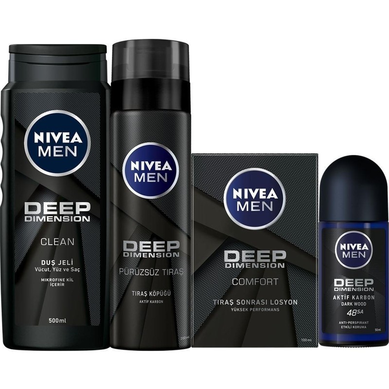Nivea Men Deep Dimension Erkek Cilt Bakım Seti,duş Jeli 500 Ml,tıraş Köpüğü,tıraş Sonrası Losyon,roll-On