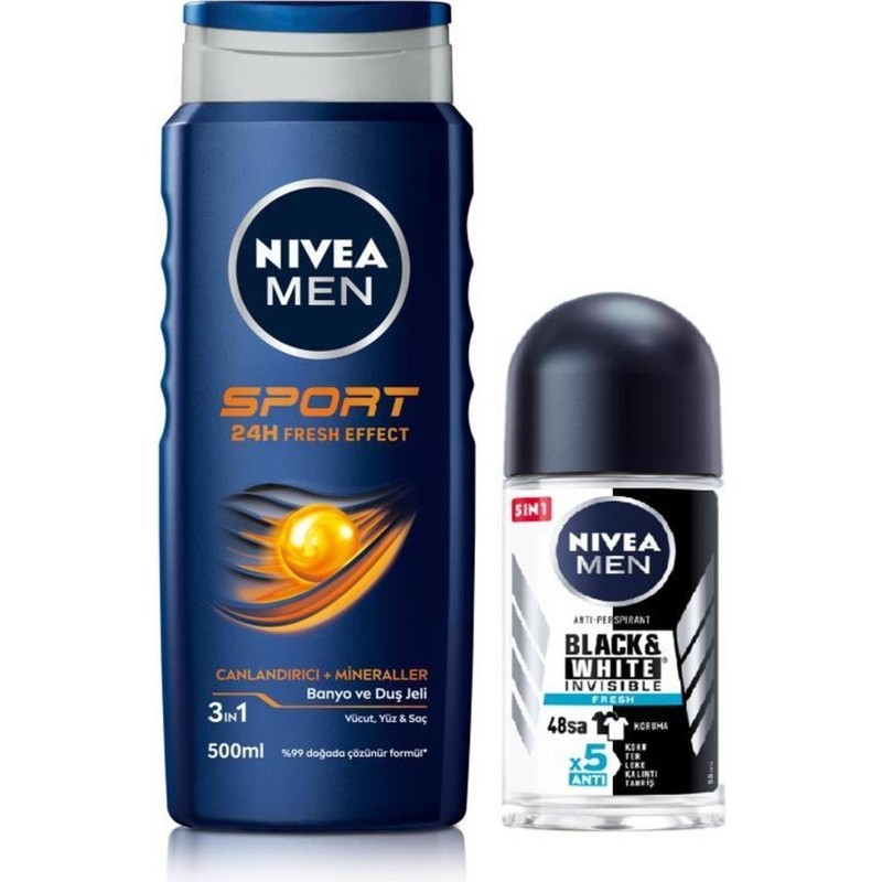 Nivea Men Kişisel Bakım Seti Duş Jeli 500ML,INVISIBLE Black&white Fresh Erkek Roll-On Deodorant 50ML