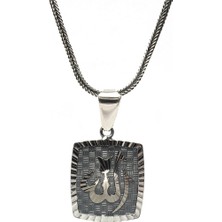 Osmanlı Gümüş Kalem İşçilikli Allah Yazılı Erkek Gümüş Kolye Zincir