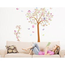 Çocuk Odası Dev Duvar Dekoru Ev Dekorasyonu XL Dev Renkli Ağaç ve Baykuşkar PVC Duvar Sticker
