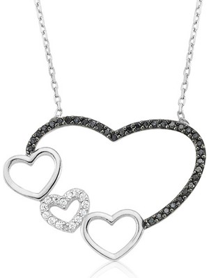 Altınsepeti Siyah Beyaz Taşlı Kalp Gümüş Kolye G454Kl