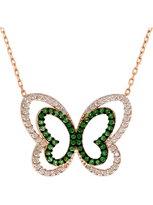 Altınsepeti Yeşil Beyaz Taşlı Rose Gümüş Kelebek Kolye G386Klr2