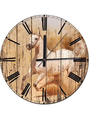 Cakasepetim Eskimiş Ahşap Zemide Koşan Beyaz At Baskılı Duvar Saati