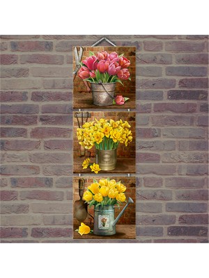 Cakasepetim Ahşap Tablo Pembe Sarı Laleler Baskılı 14X14 Cm 3 Parça