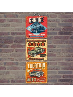 Cakasepetim Ahşap Tablo Garajdaki Kiralık Arabalar Baskılı 14X14 Cm 3 Parça