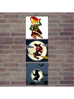 Cakasepetim Ahşap Tablo Çizmeli Kedi Ve Cadı Baskılı 14X14 Cm 3 Parça