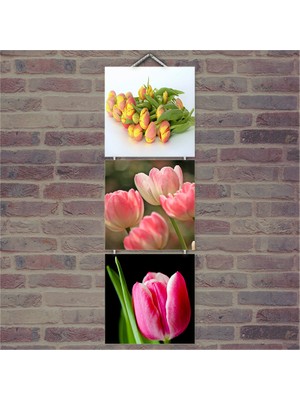 Cakasepetim Ahşap Tablo Pembe Laleler Baskılı 14X14 Cm 3 Parça