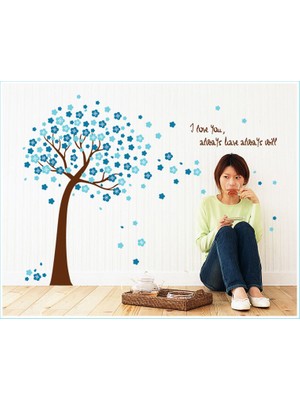 Duvar Sticker Ev Dekorasyonu Mavi Çiçekli Ağaç Kendinden Yapışkanlı Hediyelik PVC Duvar Dekoru