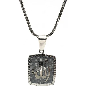Osmanlı Gümüş Kalem İşçilikli Allah Yazılı Erkek Gümüş Kolye Zincir
