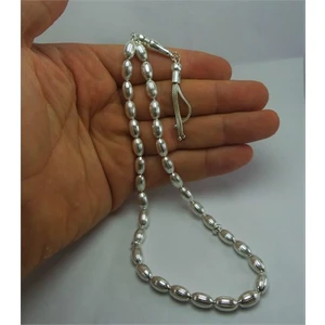 Osmanlı Gümüş Gümüş Tespih Çizgili Arpakesim Büyükboy 21Gr
