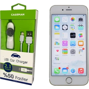 Case Man Apple iPhone Uyumlu 6 Araç Şarj Cihazı Adaptör + Data Kablosu Hızlı Şarj Özellikli