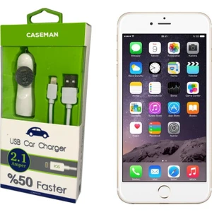 Case Man Apple iPhone Uyumlu 6s Plus Araç Şarj Cihazı Adaptör + Data Kablosu Hızlı Şarj Özellikli