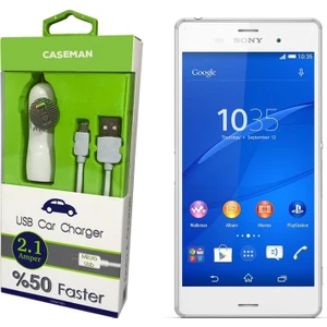 Case Man Sony Xperia Z3 Araç Şarj Cihazı Adaptör + Data Kablosu Hızlı Şarj Özellikli