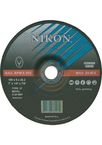 Bombeli Metal Taşlama Taşı 180*6*22 mm 5 Adet