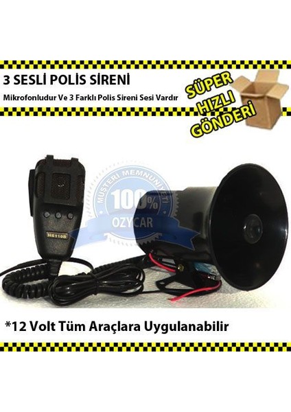 Polis Sireni Dat Dat 3 Sesli Mikrofonlu 12 Volt