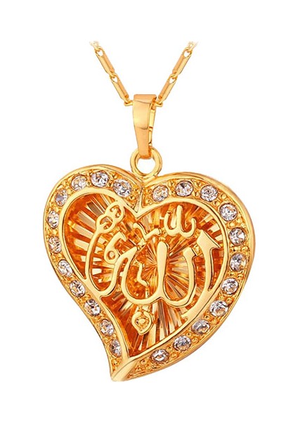 Kalp İçinde Allah Yazılı 18K Altın Kaplama Bayan Kolye Zirkon Taşlı