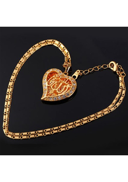 Kalp İçinde Allah Yazılı 18K Altın Kaplama Bayan Kolye Zirkon Taşlı modelleri