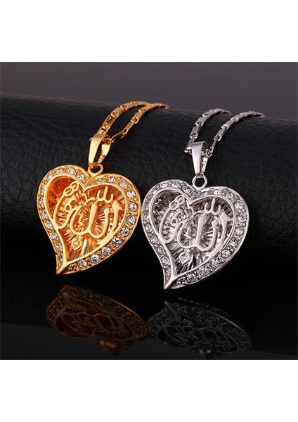 Kalp İçinde Allah Yazılı 18K Altın Kaplama Bayan Kolye Zirkon Taşlı indirimleri