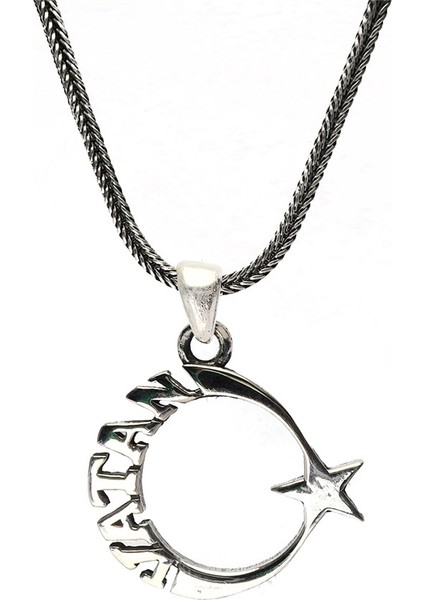 Yeni Model Vatan Yazılı Ayyıldız Türk Bayraği Erkek Gümüş Kolye Zincir