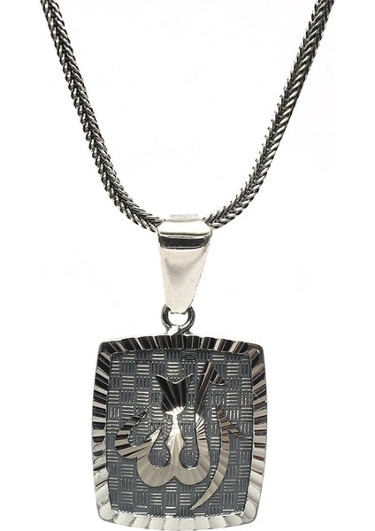 Kalem İşçilikli Allah Yazılı Erkek Gümüş Kolye Zincir