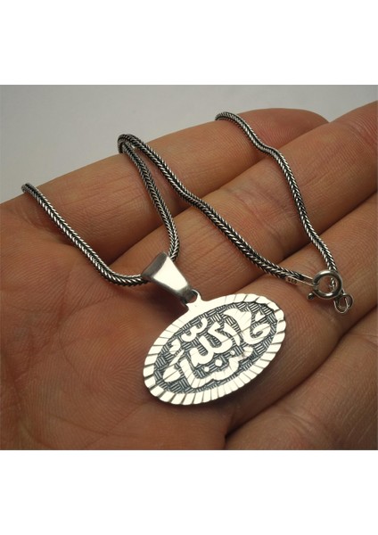 Kalem İşi Besmele Yazılı Erkek Gümüş Kolye Zincir