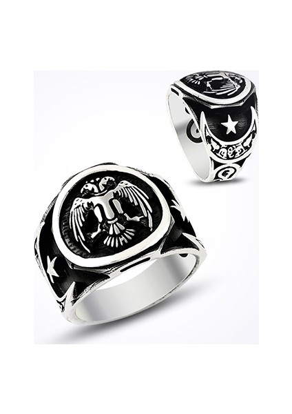 Çift Başlı Selçuklu Kartalı Yan Ayyıldız Taşsız Siyah Gümüş Erkek Yüzük Ms11030 31