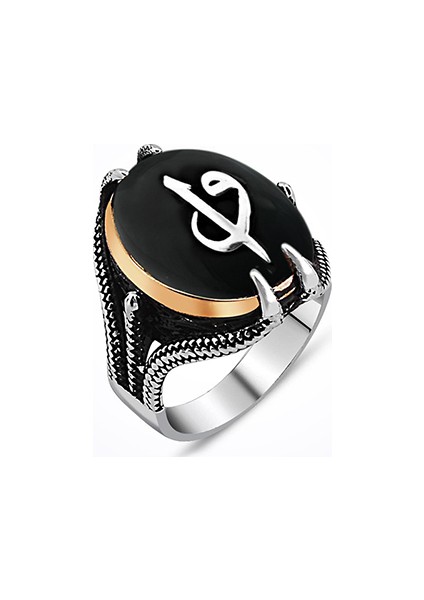 Siyah Oniks Vav Elif Taşlı Pençe Tırnaklı Gümüş Erkek Yüzük Ms11042 19