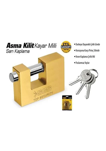 Sarı Kaplama Kayar Milli Asma Kilit 80Mm Sgs1361 (1 Adet)