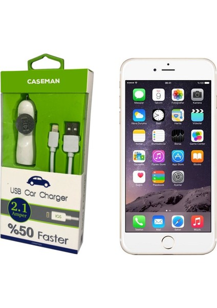 Apple iPhone Uyumlu 6s Plus Araç Şarj Cihazı Adaptör + Data Kablosu Hızlı Şarj Özellikli