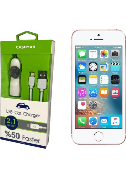 Apple iPhone Uyumlu SE Araç Şarj Cihazı Adaptör + Data Kablosu Hızlı Şarj Özellikli