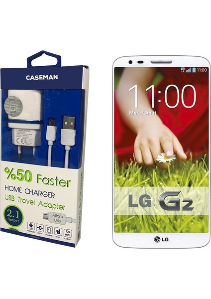LG G2 Şarj Cihazı Seyahat Tipi Adaptör + Data Kablosu Hızlı Şarj Özellikli