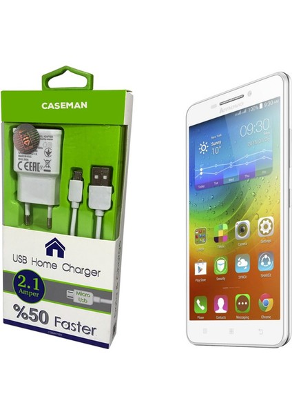 Lenovo A5000 Şarj Cihazı Ev Tipi Adaptör + Data Kablosu Hızlı Şarj Özellikli