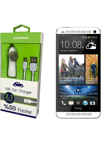 HTC One M7 Araç Şarj Cihazı Adaptör + Data Kablosu Hızlı Şarj Özellikli