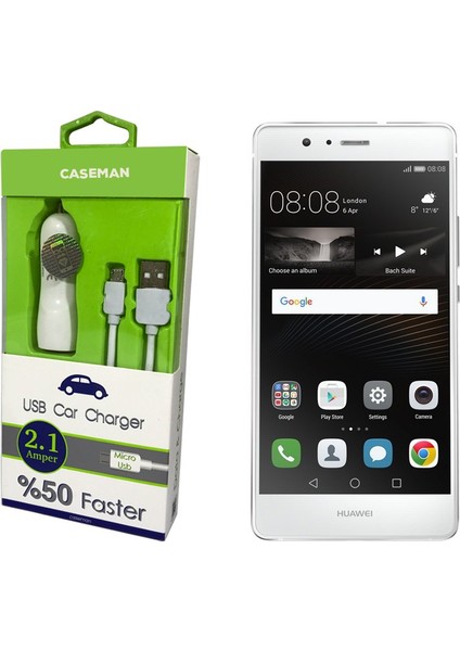Huawei P9 Lite 2017 Araç Şarj Cihazı Adaptör + Data Kablosu Hızlı Şarj Özellikli