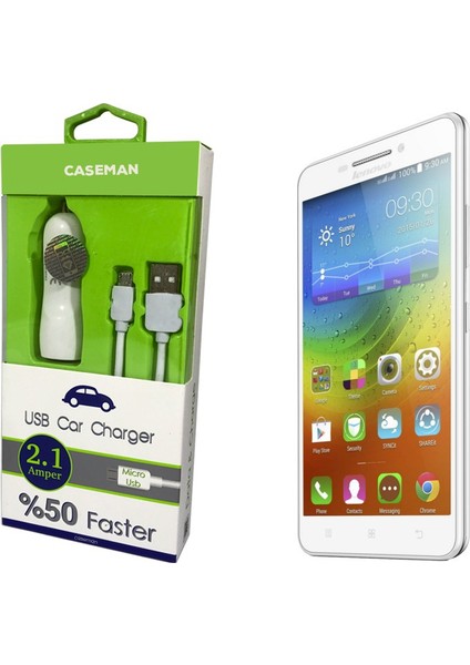 Lenovo A5000 Araç Şarj Cihazı Adaptör + Data Kablosu Hızlı Şarj Özellikli